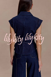 Charley Denim Button Up Cap Short Sleeve Structured Tie-up Lapel Top