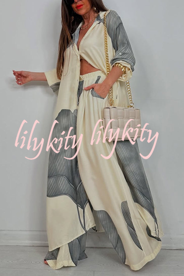 Unique Printed Casual Loose Long Shirt and Elastic Waist Pocket Wide Leg Pants Set