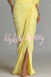 Fashionable High-neck Half-sleeve Waist-cinching Pleated Maxi Dress