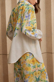 Floral Print Lapel Long Sleeve Shirt and Elastic Waist Pocket Casual Wide Leg Pants Set