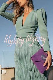 Solid Color V-Neck Long Sleeve Elegant Tassel Maxi Dress
