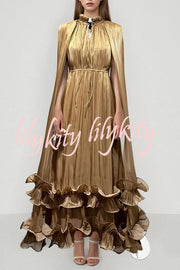 Fashionable V-neck Lace-up Ruffled Double-layer Hem Maxi Dress