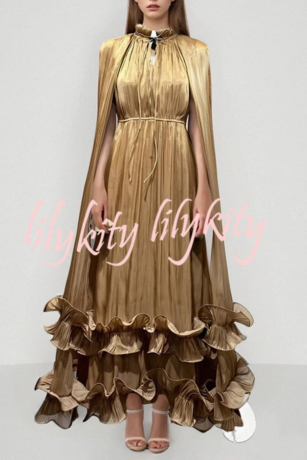 Fashionable V-neck Lace-up Ruffled Double-layer Hem Maxi Dress