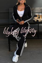 Fashionable Sports Style Striped Long-sleeved Jacket and Elastic Waist Casual Pants Set