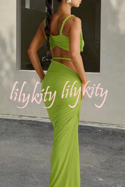 Sexy Halter Back Braided Suspender Top and Beach Holiday Style Hip-wrapped Maxi Skirt Set