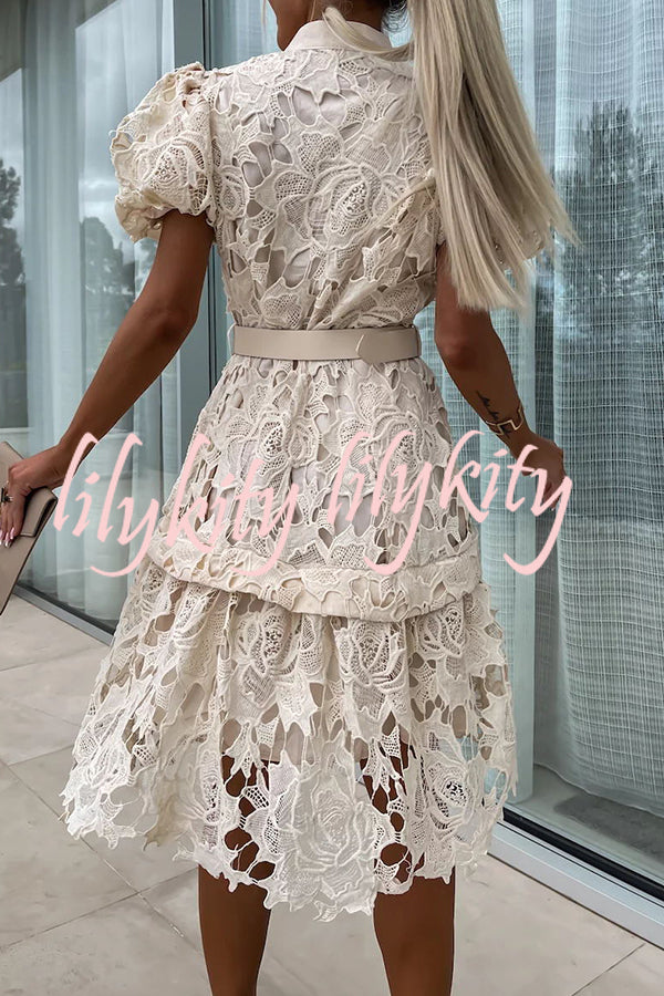 Absolutely Elegant Floral Crochet Lace Puff Sleeve Belted Shirt Midi Dress