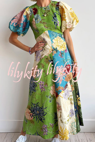 Floral Print Round Neck Puff Sleeve Casual Midi Dress