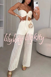 Riley Knit Front Knotted Bandeau and Stretch Hollow Out Wide Leg Pants Set