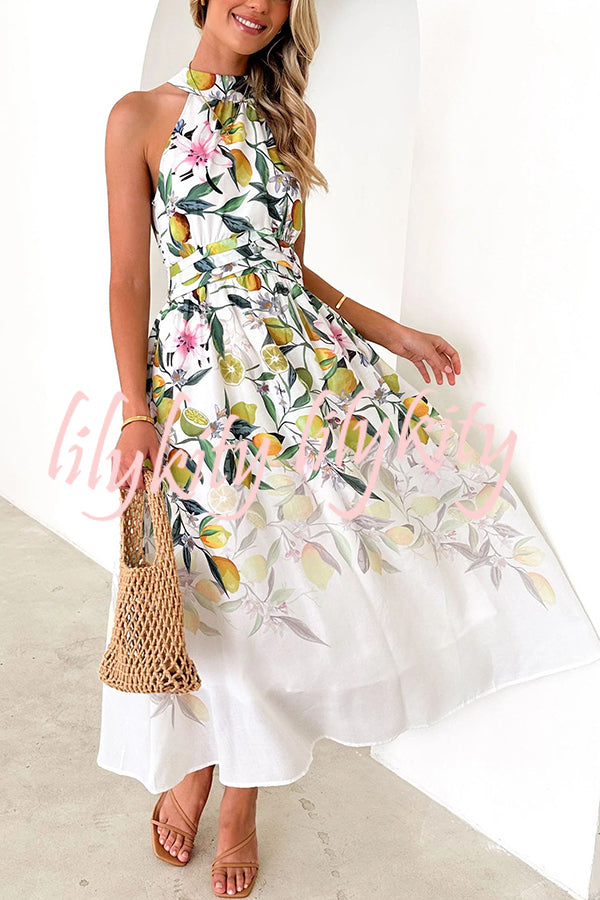 Floral Print Halterneck Tie Zip Smocked Maxi Dress