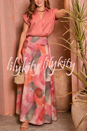 Laylin Wide Sleeve Shirt and Watercolor Print High Waist Drape Pocket Maxi Skirt Set