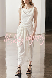 Sculptural Effect Linen Blend Twisted Shoulder Strap Drape Maxi Dress