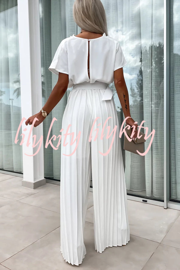 Ivy Cowl Neck Short Sleeve Belt Pleated Loose Wide Leg Jumpsuit