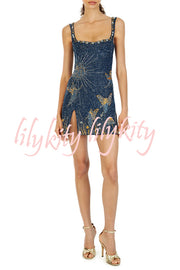 Magic and Night Sky Shiny Pattern Square Neck Slit Mini Dress