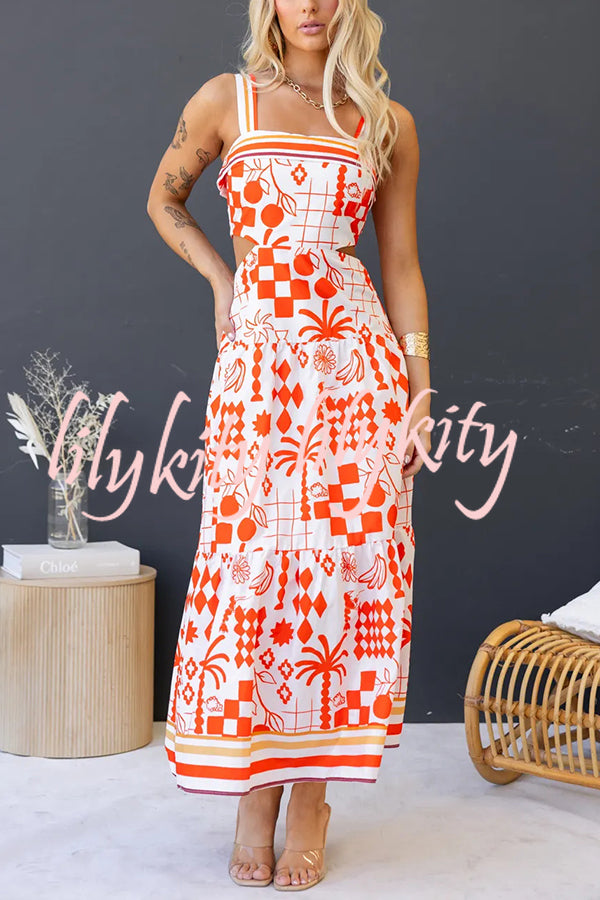 Unique Print Waist Cutout Back Gathered Suspender Maxi Dress