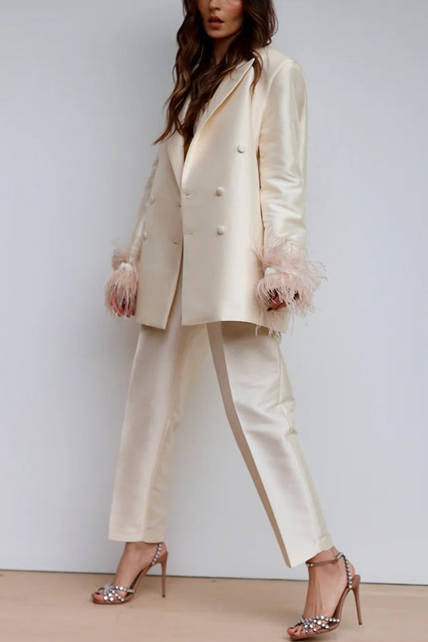 Chic Affair Satin Feather Trim Lapel Loose Blazer and High Rise Pocket Tapered Pants Set