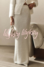Solid Color Long-sleeved Button-pocket Knitted Jacket and Elegant Long Skirt Set