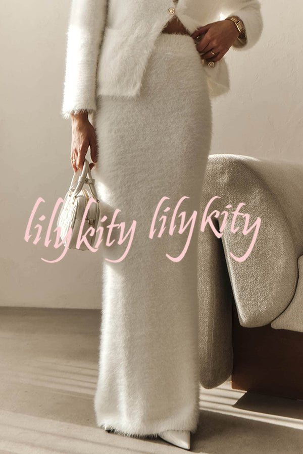 Solid Color Long-sleeved Button-pocket Knitted Jacket and Elegant Long Skirt Set