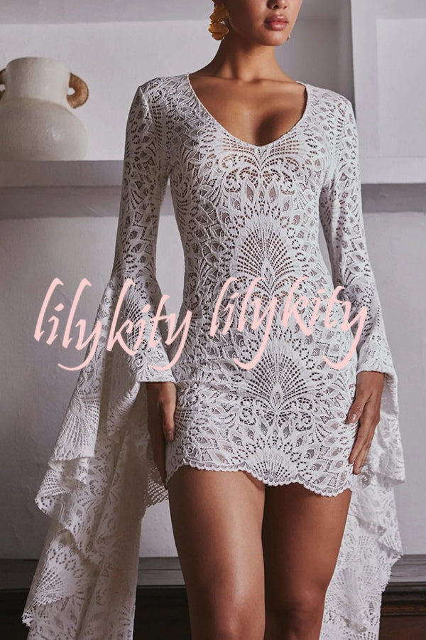 Coachella Time Unique Lace Pattern Oversized Bell Sleeve Stretch Mini Dress