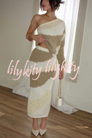 Soft Autumn Knit Colorblock High Rise Elastic Waistband Stretch Midi Skirt