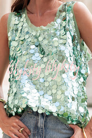 Fashionable Sequined Round Neck Sleeveless Loose Vest