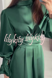 Solid Color Ruffled Sleeves Waisted Tie Slim Fit Maxi Dress