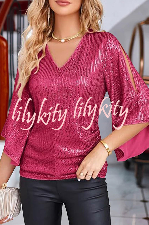 Solid Color Sequined V-neck Hollow Sleeve Slim Fit Top