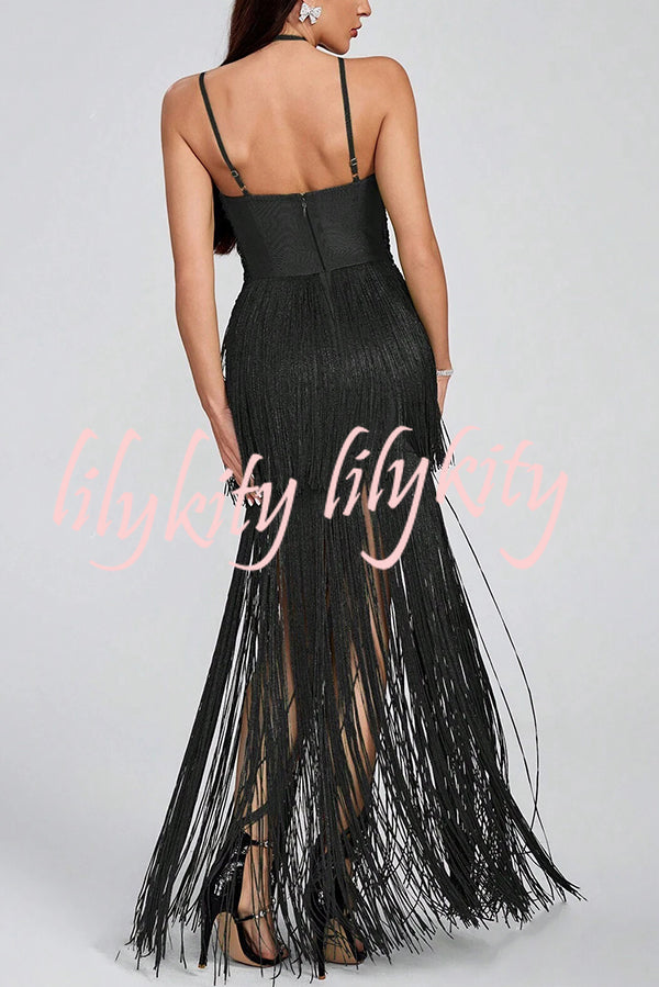 Sexy Halterneck Open Back Elegant Tassel Slim Maxi Dress