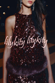 Gala Goddess Sequin Faux Fur Trim Crew Neck Sleeveless Loose Top