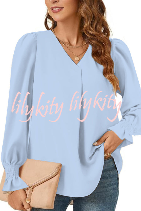 Solid Color V-neck Elastic Cuffs Long-sleeved Loose Top