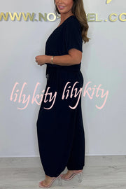 Solid Color V-neck Short-sleeved Waist-tied Loose Casual Jumpsuit