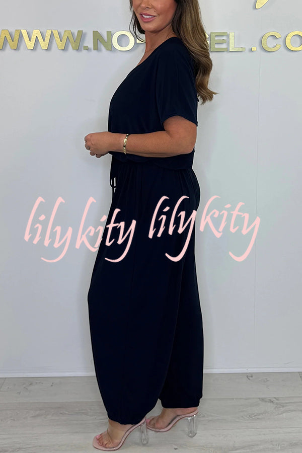 Solid Color V-neck Short-sleeved Waist-tied Loose Casual Jumpsuit