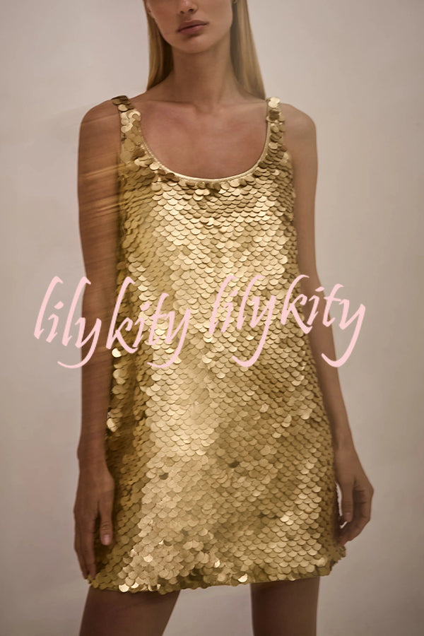 Golden Charm Impact Large Sequins Scoop Neck Tank A-line Mini Dress