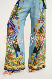 Smyrna Unique Heaven Bird Print Elastic Waist Pocketed Wide Leg Pants