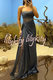 Essie Satin Rhinestone Patchwork Twist Waist Strapless Slit Maxi Dress