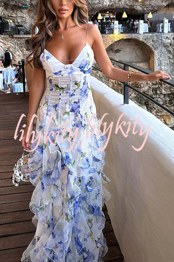 Sunrise Goddess Chiffon Roses Print Ruffles Tiered Trim Maxi Dress