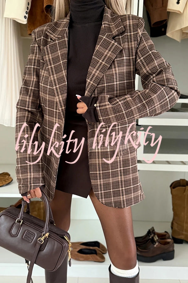 Classic Modern Plaid One Button Long Sleeve Flap Pocket Lapel Blazer