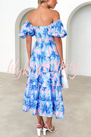 Petal Princess Unique Print Smocked Waist Puff Sleeve Midi Dress