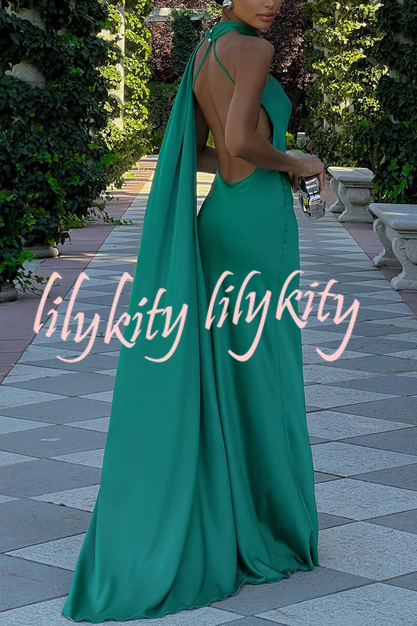 Crush on You Satin One Shoulder Backless Cape Maxi Dress