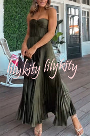 Love Note Satin Sweetheart Twist Off Shoulder Pleated Maxi Dress