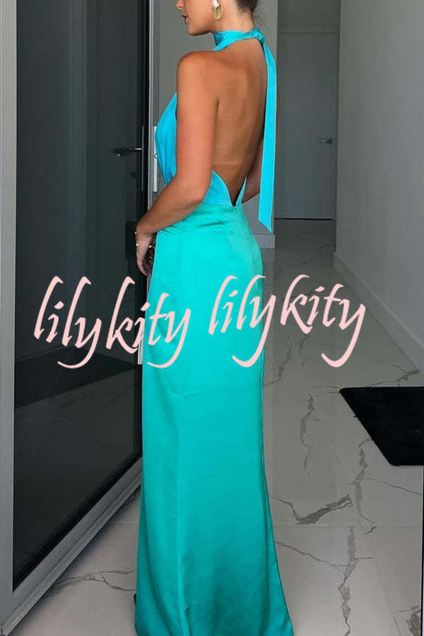 Like A Gem Satin Colorblock Halter Backless Party Maxi Dress