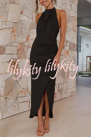 Zephyr Pleated Textured Fabric Halter Neck Backless Slit Maxi Dress