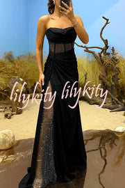 Essie Satin Rhinestone Patchwork Twist Waist Strapless Slit Maxi Dress