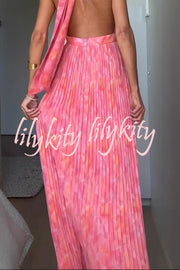Unique Print Sexy Halter Neck Tie Pleated Vacation Maxi Dress