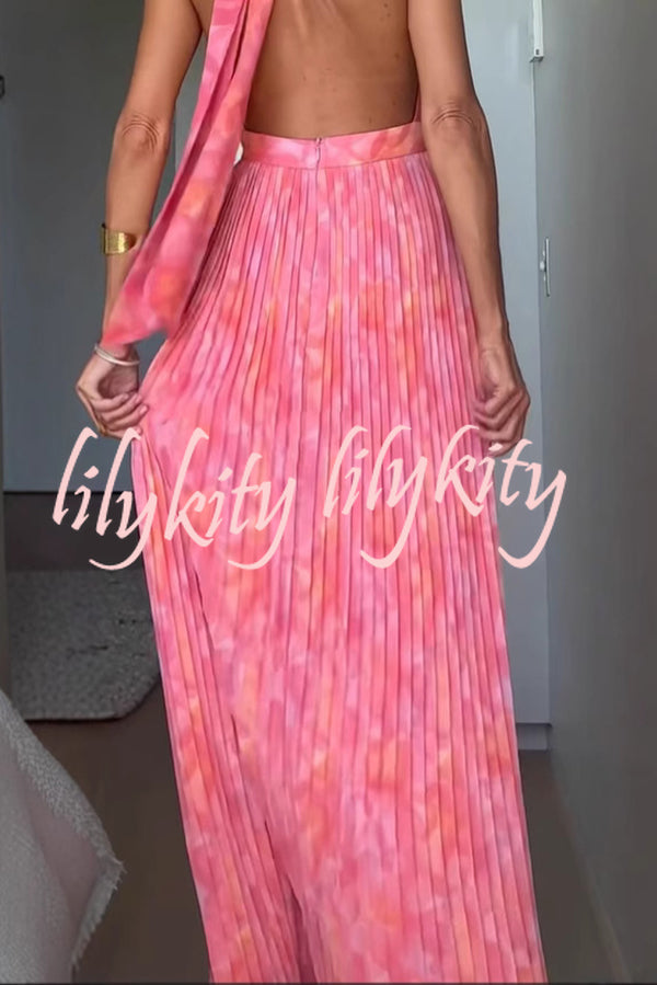 Unique Print Sexy Halter Neck Tie Pleated Vacation Maxi Dress