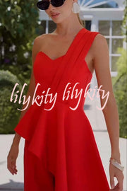 Amena One Shoulder Sweetheart Neck Ruffle Hem Top and Elastic Waist Pocket Wide Leg Pants Set