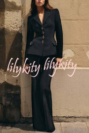 Women Power Metal Cross Snap Button Long Sleeve Lapel Blazer
