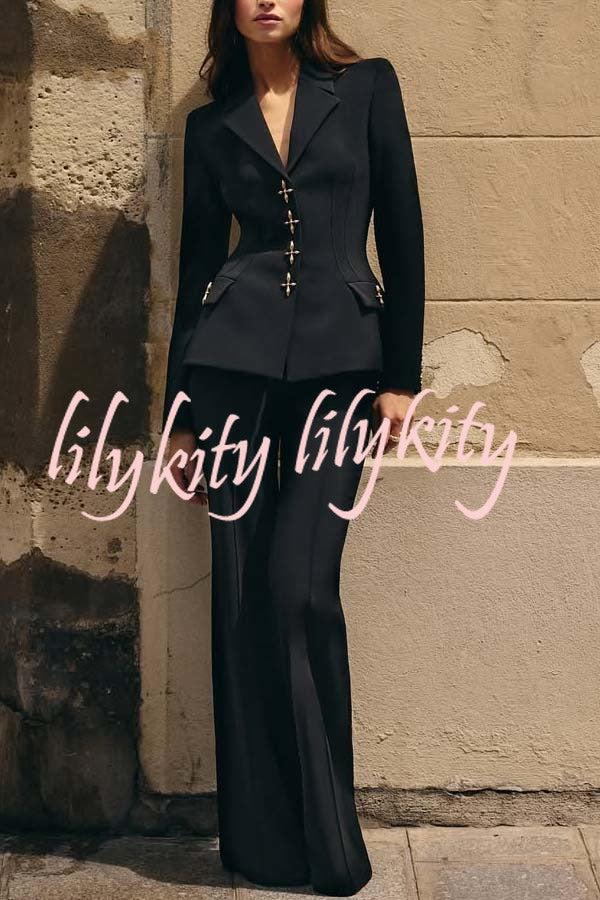 Women Power Metal Cross Snap Button Long Sleeve Lapel Blazer