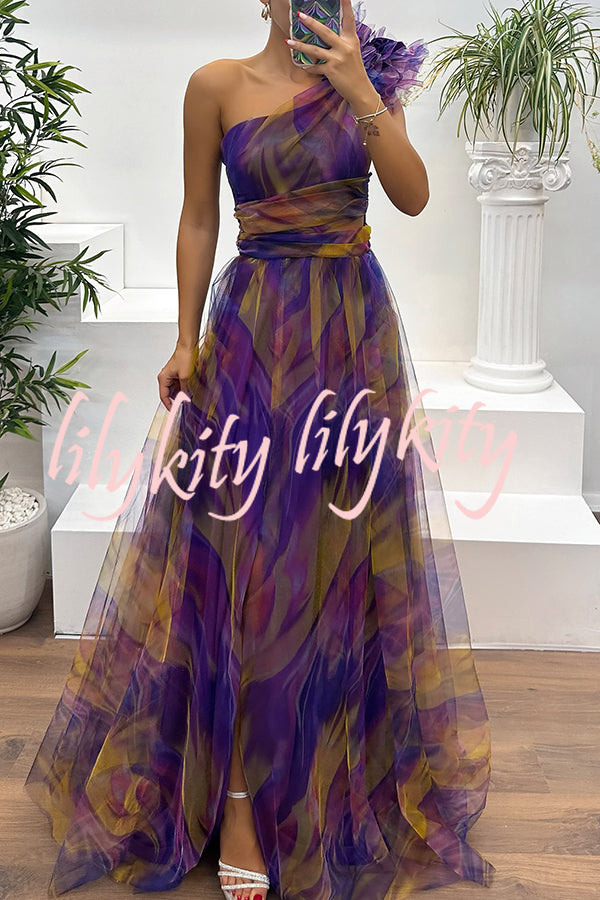 Charming Embrace Tulle Floral Pleated One Shoulder Slit Maxi Dress