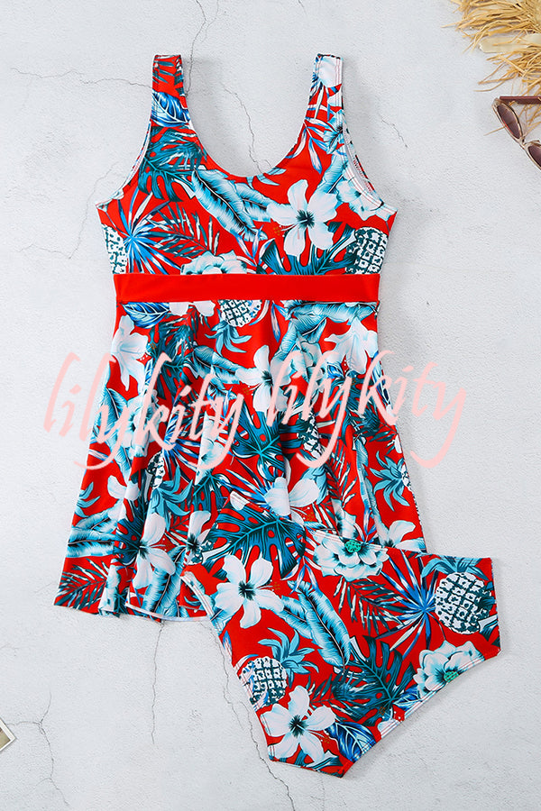 Cheerful Floral Print Bow Detail Tankini Swimsuit Set