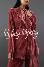 Solid Color Velvet Long-sleeved Waist Tie Top and Elastic Waist Casual Pocket Straight-leg Pants Set